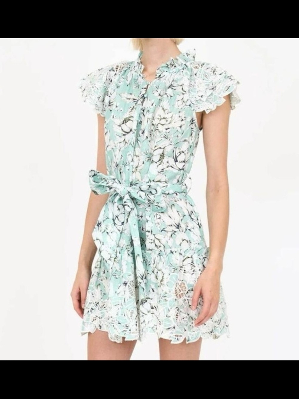 Christy Lynn Mint Floral Lace-Trim Tie-Waist Mini Dress 100% Linen